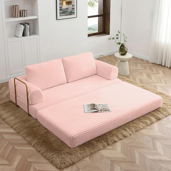 HANXIN 80 Inch Convertible Sleeper Sofa Bed, High Back Plush Corduroy Folding Floor Mattress Couch with Fixed-Shape Frame, Boneless Futon Loveseat with Pull Out Bed, No Assembly Required (Pink)