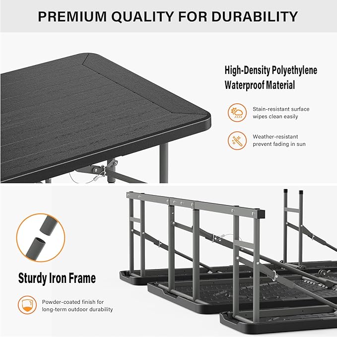 VINGLI Folding Picnic Table and Bench Set, Portable Outdoor Dining Furniture for Camping, Patio, Backyard, Wood Grain Plastic Top with Metal Frame with Kaqi Umbrella