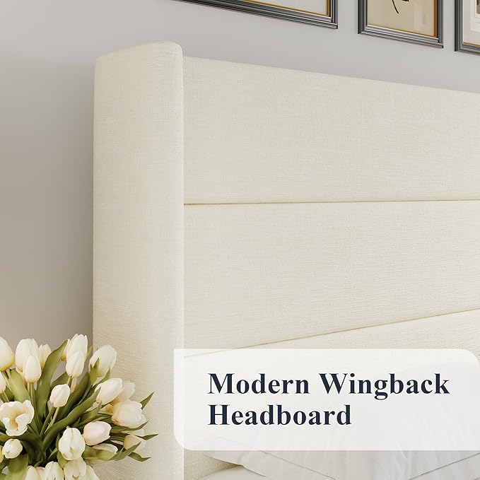Allewie Queen Size Lift Up Storage Bed, Chenille Fabric Upholstered, Modern Wingback Headboard, Hydraulic Support, No Box Spring Needed, Cream White