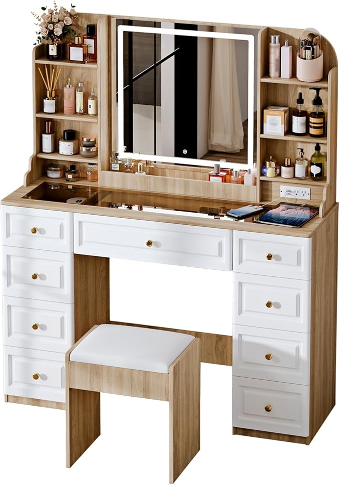 Arulvmrn 43" Makeup Vanity Desk with Mirror and Lights, & Power Outl, Glass Top Big Vanity Table with 9 Drawers& 8 Storage Shelves, Dressing Table Set with Chair for Bedroom, Oak