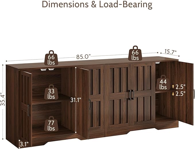 Modern Farmhouse Buffet Cabinet with Storage, 85" Large Sideboard Storage Cabinet with 6 Barn Doors, Coffee Liquor Bar Cabinet Wood Table Credenza with Adjustable Shelf for Kitchen Dining Living Room