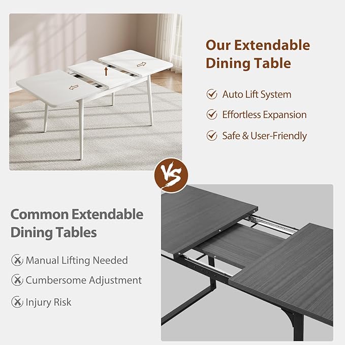 Muwuele Solid Wood Extendable Dining Table for 4-8 People with Seamless Extension from 47.2 to 63 Inches, Easy Assembly, Expandable Tables for Small Spaces, Dining Room, Kitchen, Living Room, White