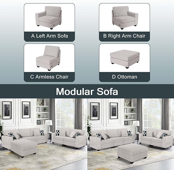 Legend Vansen Oversized Modular Sectional Sofa,U/L‑Shaped Reversible Couch with Ottoman,Deep Seat Plush Polyester Sofa for Living Room,6‑Seater,Light Grey