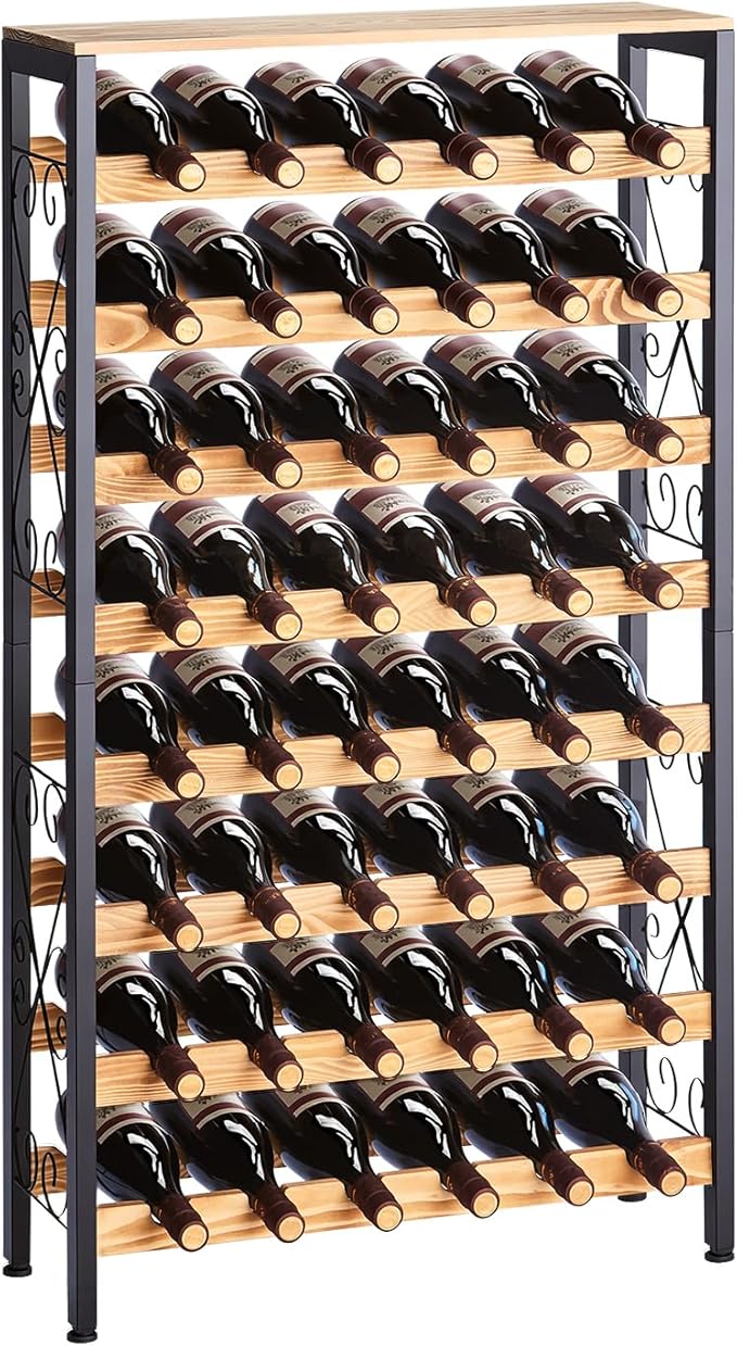 VEVOR 48 Bottle Wine Rack,8-Tier Iron Wine Bottle Holder with Wood Table Top,Freestanding Floor Display Wine Storage Shelves,for Kitchen Pantry, Cellar, Bar, Dining Room,26''L X 9.3''W X 46.9''H
