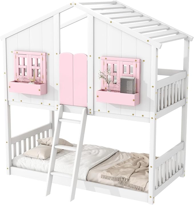 Twin Over Twin Floor House Bunk Bed with Roof and Window, Storage Box, Low Loft Bunker Bed for Small Space, No Box Spring Needed for Kids Girls Boys, Pink/White