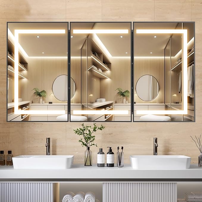 APRILSOUL 60x32 Inch Lighted Bathroom Medicine Cabinet with Mirror, Black Recessed or Surface Mount Medicine Cabinet Mirror with Storage and LED Lights, 3 Colors Temperature, Dimmable Light