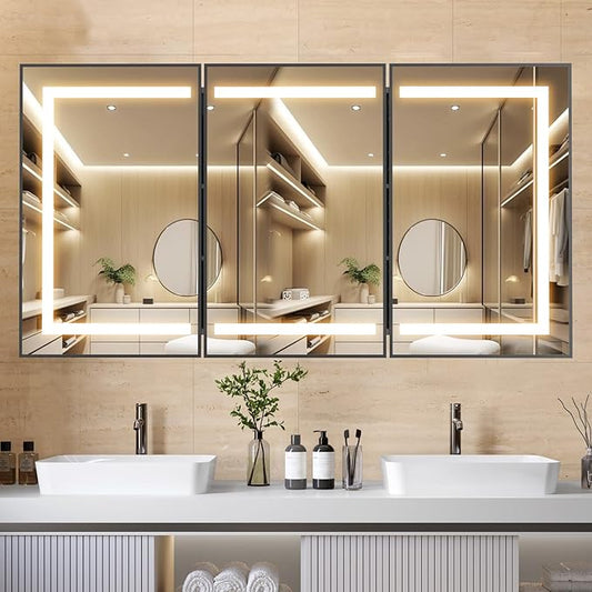 APRILSOUL 60x32 Inch Lighted Bathroom Medicine Cabinet with Mirror, Black Recessed or Surface Mount Medicine Cabinet Mirror with Storage and LED Lights, 3 Colors Temperature, Dimmable Light