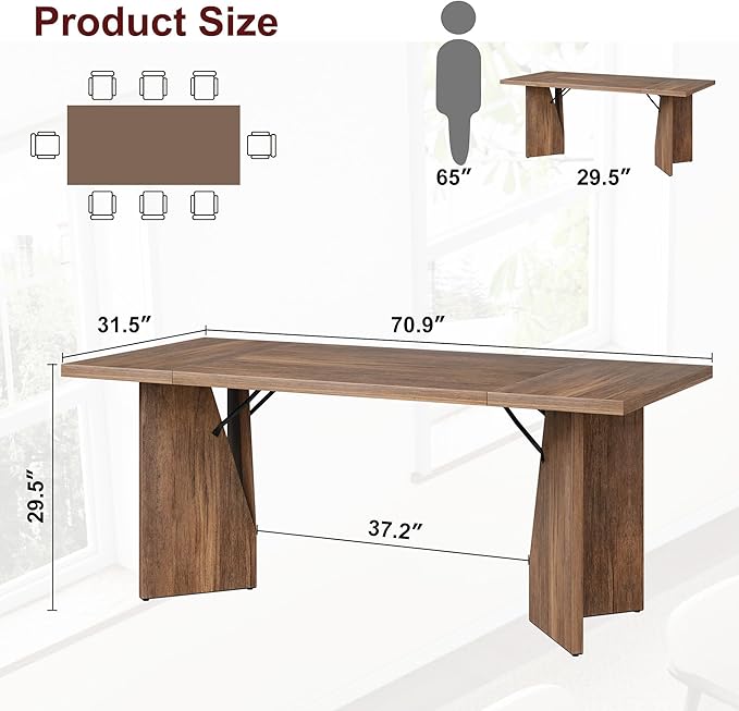 GarveeHome 70.9'' Rectangular Dining Table for 6-8, Wooden Thickened Long Desk, Farmhouse Kichen Table with Sturdy Frame and M-Shaped Legs, for Dining Room, Kitchen, Living Room, Office, Retro Brown