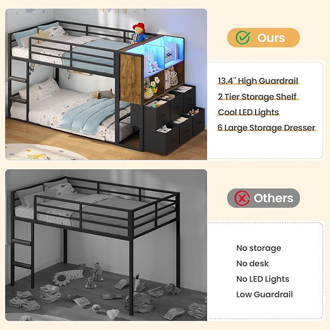 BTHFST Twin Over Twin Bunk Bed, Twin Bunk Beds with Storage & LED Lights, Metal Space Saving Low Bunk Bed with Safety Ladder and Guardrail