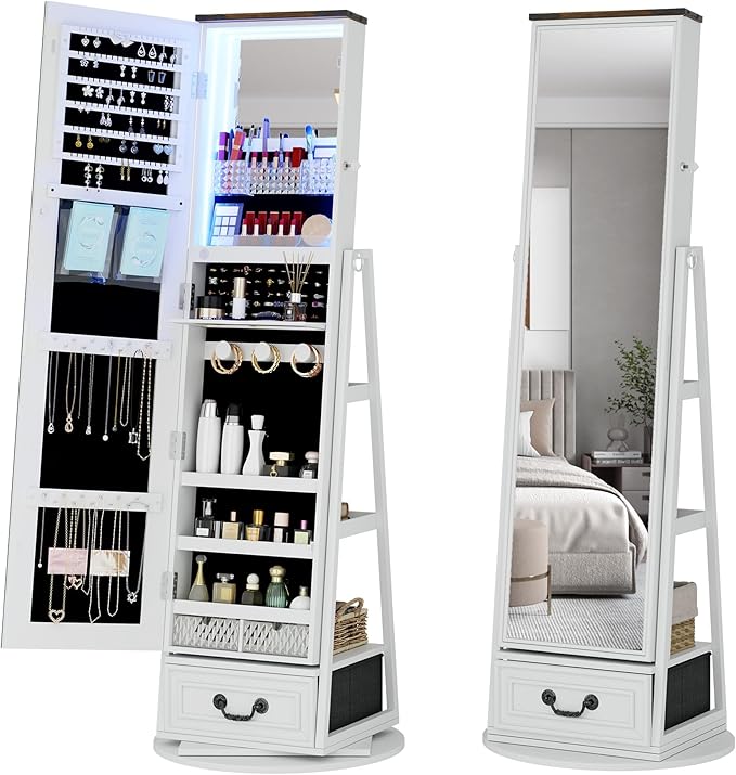 HWB Standing Full-Length Mirror Jewelry Armories, Jewelry Organizer with LED Lights 360° Swivel, Lockable Jewelry Cabinet, Jewelry Storage with Shelves & Stable Base White