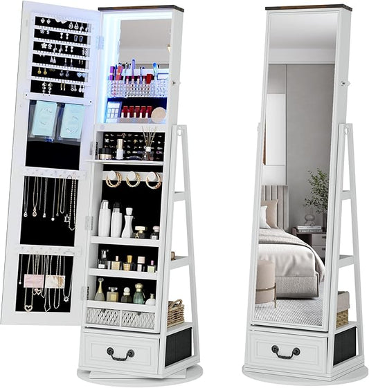 HWB Standing Full-Length Mirror Jewelry Armories, Jewelry Organizer with LED Lights 360° Swivel, Lockable Jewelry Cabinet, Jewelry Storage with Shelves & Stable Base White