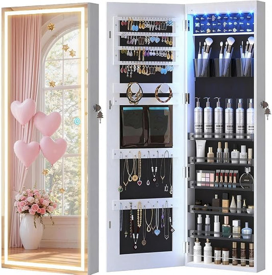 LVSOMT LED Mirror Jewelry Cabinet Door Hanging, Wall Mounted Jewelry Mirror Organizer Full Length, Lockable Jewelry Armoire, Large Capacity, for Small Space Bedroom, Gift for Women, White