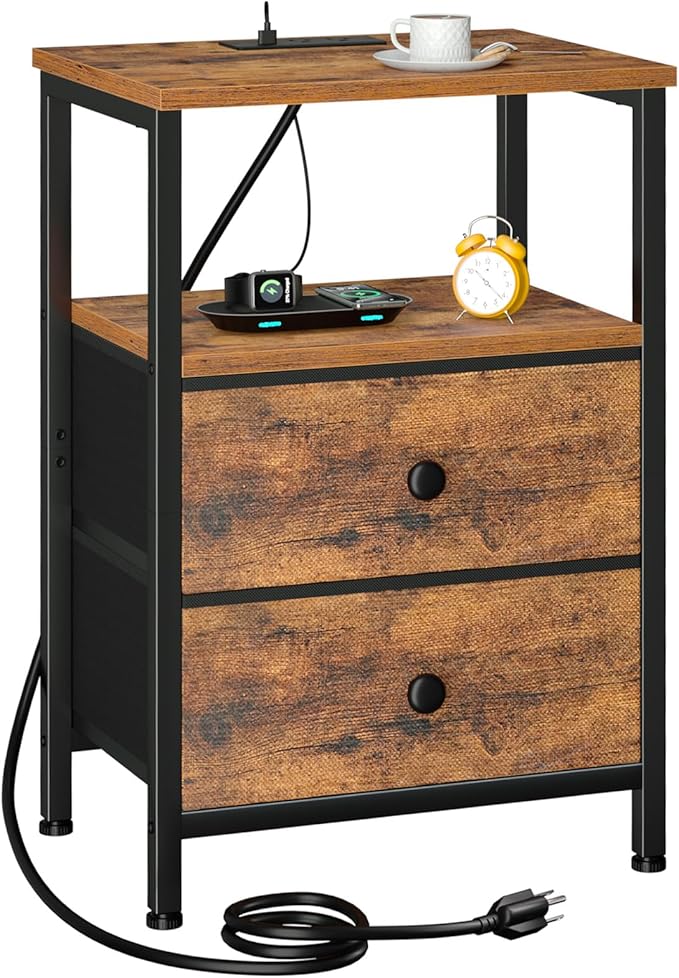 LOAKEKEL Night Stand, Nightstand with Charging Station, Slim Industrial Bedside Table with 2 Fabric Drawers, Small End Table with USB & Type-C Ports for Bedroom, Brown, HETS020BR-1