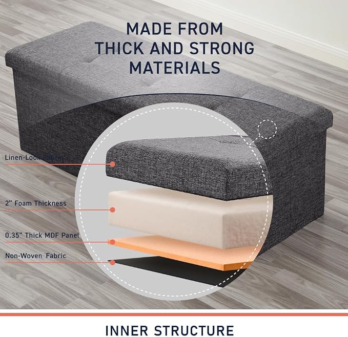 Ornavo Home Folding Storage Ottoman, 43 Inch Extra Large Storage Bench with Lid, Foot Rest Stool for Bedroom, Living Room, Entryway, Tufted Linen Upholstered - Dark Gray