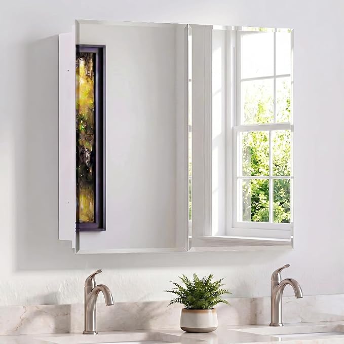 Medicine Cabinet with Mirror, 32x26 Inch Bathroom Mirrored Cabinet with Double Doors, Extra Storage Space, Bevel Mirror Wall Cabinet, Recessed or Surface Mount