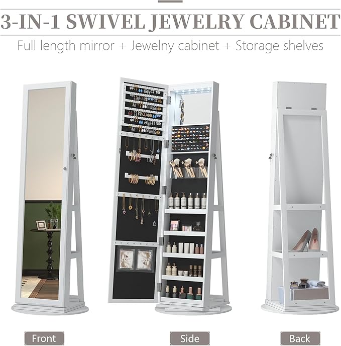LVSOMT Mirror Jewelry Cabinet Standing, 360° Swivel Jewelry Armoire with 6 LED Lights and Interior Mirror, Full Length Mirror with Storage, Standing Lockable Jewelry Organizer, White