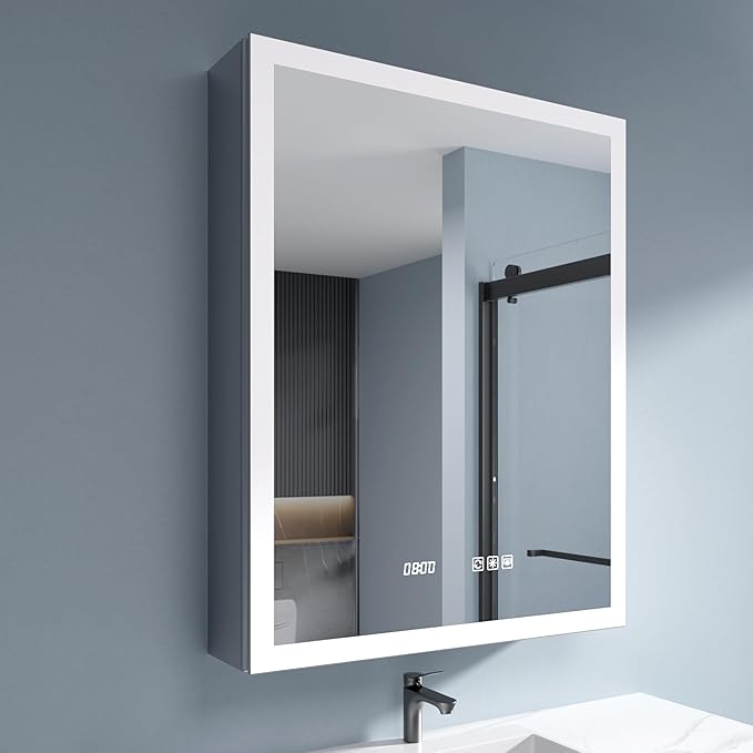 LED Medicine Cabinet Mirror with Lights, 24x30 Inch Bathroom Storage, Recessed/Wall Mount, Plug-in/Hardwired, 3 Color Dimmable Light, Anti-Fog, Time Temp Display, Right Hinge