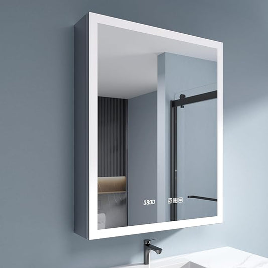 LED Medicine Cabinet Mirror with Lights, 24x30 Inch Bathroom Storage, Recessed/Wall Mount, Plug-in/Hardwired, 3 Color Dimmable Light, Anti-Fog, Time Temp Display, Right Hinge