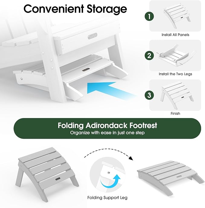 Adirondack Ottoman Footrest for Adirondack Chair, All-Weather HDPE Outdoor Foot Stool, Folding Patio Ottoman for Lawn, Garden, Deck, Backyard, White