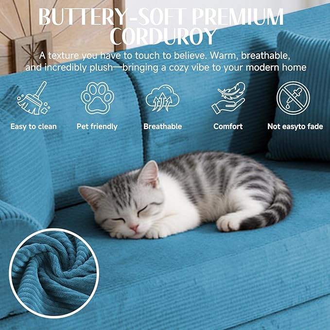 78.8" Convertible Sofa Bed with Detachable Arm Pillow, 6-in-1 Sectional Couches for Living Room, Corduroy Boneless Couch, Sleeper Loveseat Couch Bed, No Assembly, Azure Couch