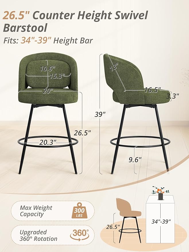 LUE BONA 26''H Swivel Bar Stools Set of 2, Counter Height Bar Stools with Backs, Lumbar Pillow and Black Metal Frames, Upholstered Modern Barstools for Kitchen Island, Chenille Farbic, Green