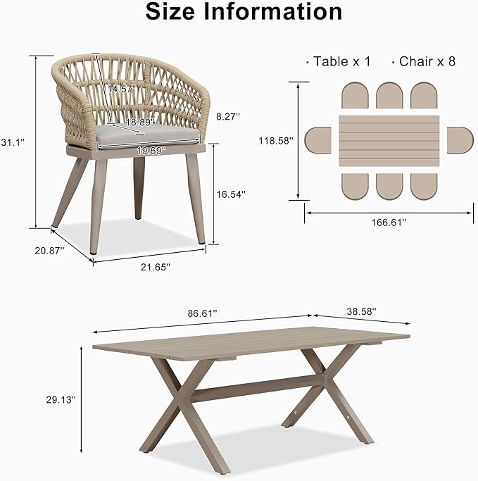 PURPLE LEAF 9 Pieces Outdoor Dining Set All-Weather PE Rattan Outdoor Patio Furniture Set with All Aluminum Frame Rectangular Table and Chairs Set for Lawn Garden Backyard Deck, Champagne