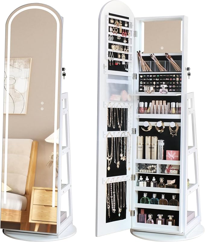 Arched Swivel Jewelry Cosmetics Armoire Cabinet Standing with Full Length Mirror, Lockable Jewelry Organizers Storage with 3 Color LED Lights & Interior Vanity Mirror Rear Storage Shelves White