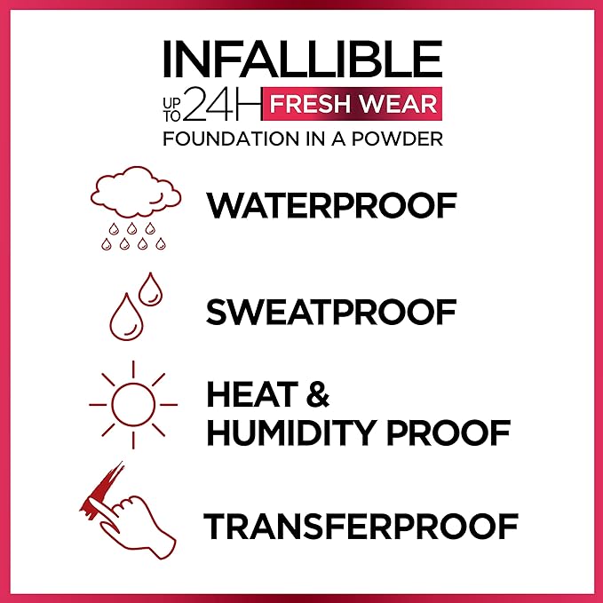 L'Oreal Paris Makeup Infallible Fresh Wear Foundation in a Powder, Up to 24H Wear, Waterproof, Ebony, 0.31 oz. (Packaging May Vary)