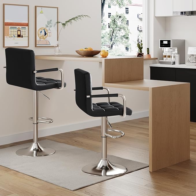 Furmax Bar Stools with Armrest Modern PU Leather Swivel Adjustable Hydraulic Bar Stool X-Large Base and Seat Square Counter Height Stool Set of 2 (Black)