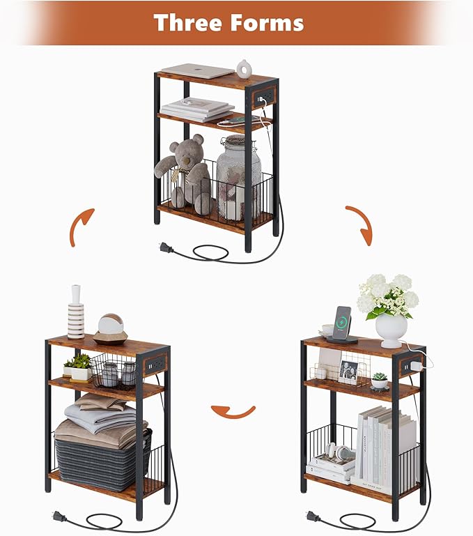 TRIFEBLE Narrow Side Table with Charging Station, Small End Table for Small Spaces, Slim Nightstand with Storage Basket, 3 Tier Skinny Bedside Table for Living Room, Bedroom, Rustic Brown