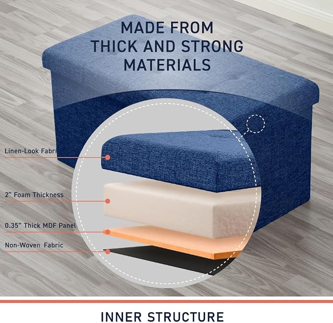 Ornavo Home Folding Storage Ottoman, 30 Inch Large Storage Bench with Lid, Foot Rest Stool for Bedroom, Living Room, Entryway, Tufted Linen Upholstered - Navy Blue