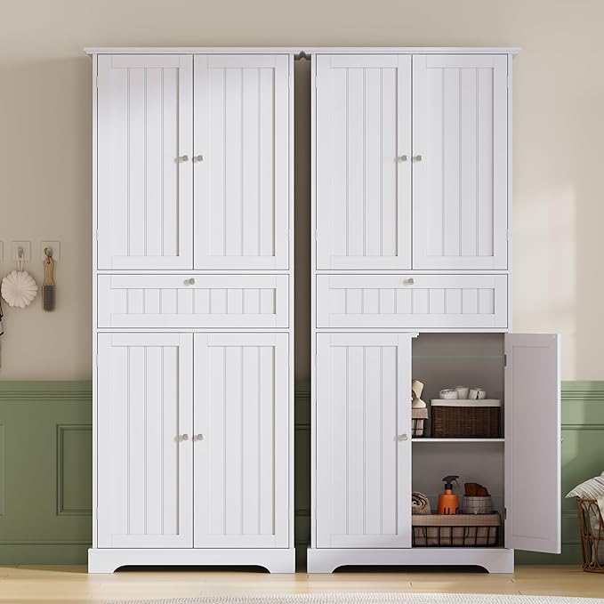 ChooChoo 72" H Tall Bathroom Floor Cabinet, Modern Bathroom Storage Cabinet with Drawer and Adjustable Shelves, Freestanding Kitchen Pantry Cupboard with 4 Doors for Living Room, White