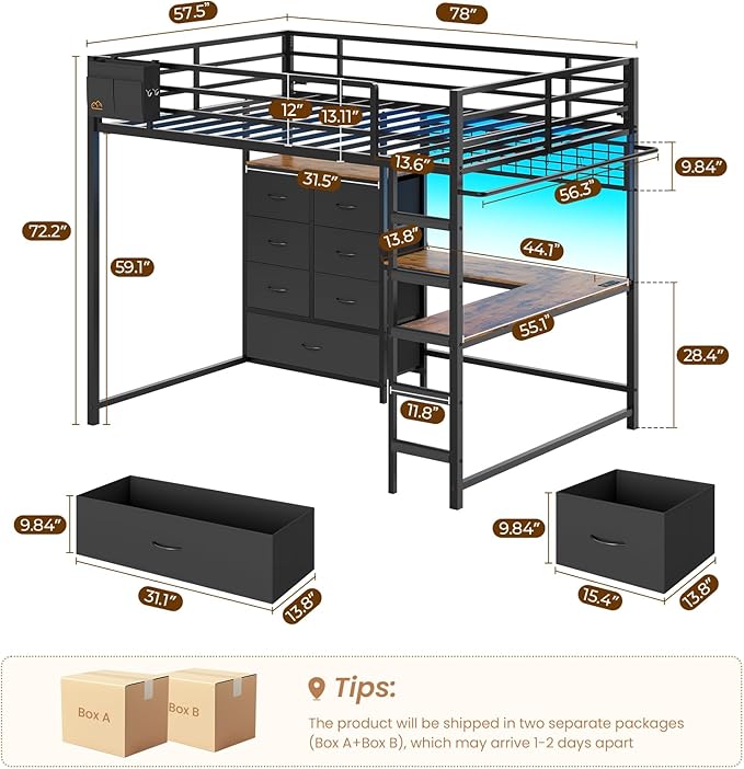 DICTAC Full Loft Bed with L-Shaped Desk and 7 Storage Drawers,Metal Full Size Loft Bed for Teen with LED Lights and Charging Station,13.11" H Safety Guardrail and Ladder,No Box Spring Needed, Black