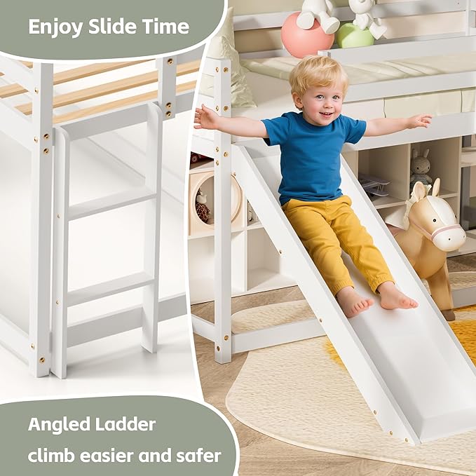 TOLEAD OLEAD Low Bunk Bed with Slide, Floor Loft Bed with Climbing Ladder, Wood Twin Bunk Bed Frame with Full Guardrails & Storage Space for Kids Toddler