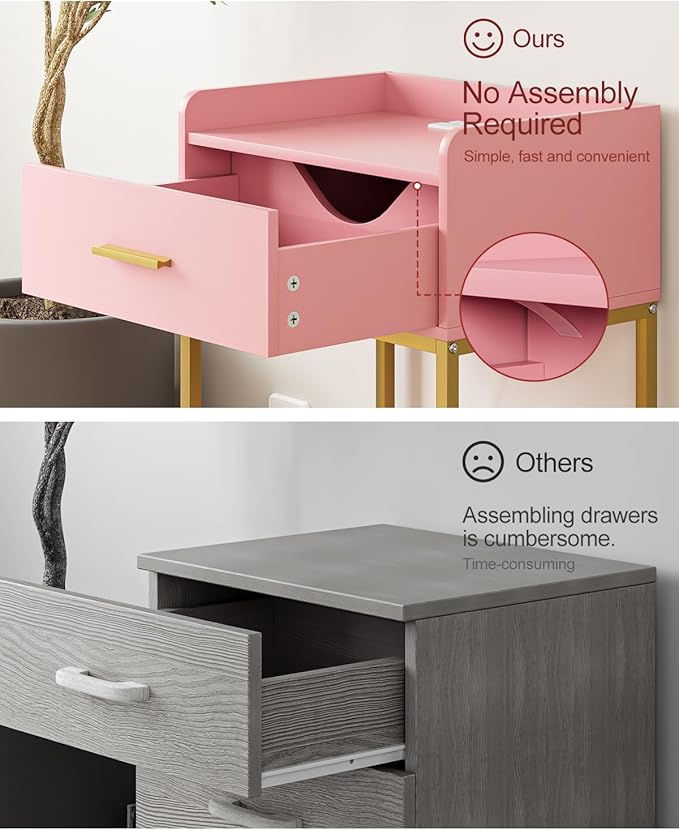 Nightstand with Charging Station, Modern Bedside Table with Drawer and Legs,Pink and Gold Night Stand with Open Shelf, Narrow Side Table for Bedroom, Living Room