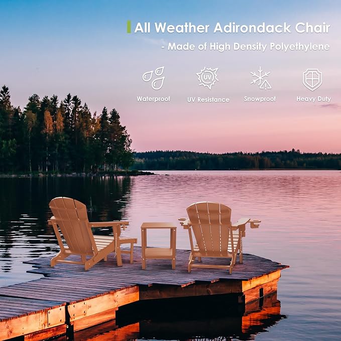 GREENVINES Adirondack-Chairs-with-Ottoman | Set of 2 | Folding | Retractable-Footrest | HDPE Plastic | All Weather Fire Pit Chair | Cup Holders | Teak | for Outdoor Poolside