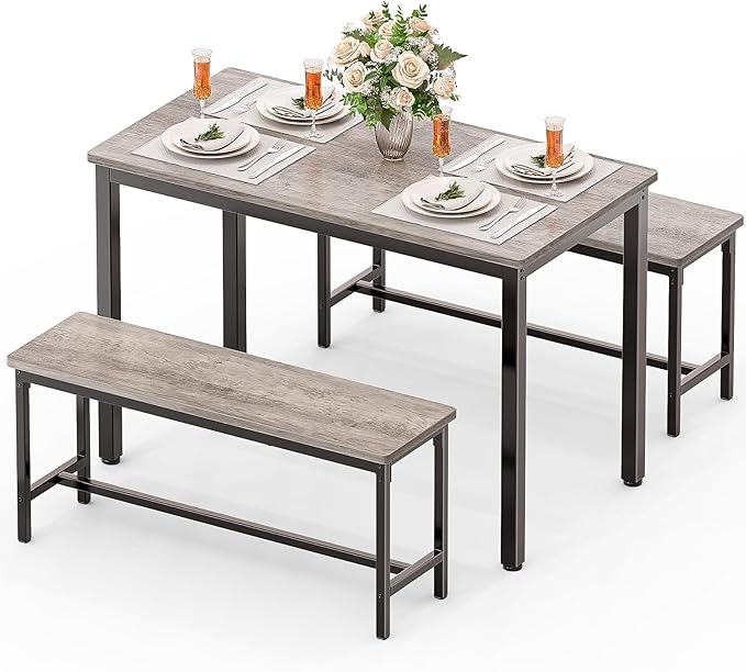 Dining Table Set for 4, Kitchen Table with 2 Benchs, Modern Functional 3-Piece Dining Room Table for Apartment Breakfast Nook and Samll Space, Grey