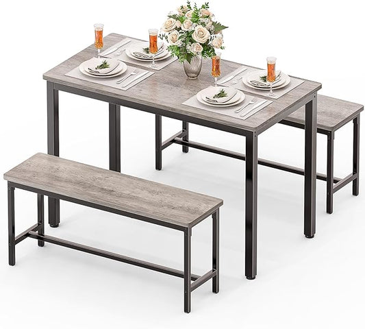Dining Table Set for 4, Kitchen Table with 2 Benchs, Modern Functional 3-Piece Dining Room Table for Apartment Breakfast Nook and Samll Space, Grey