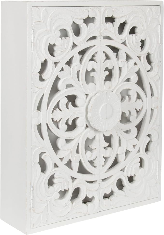 Kate and Laurel Saanvi Traditional Carved Wood Floating Bathroom Wall Cabinet, 22 x 7 x 28, White, Dimensional Over the Toilet Storage Cabinet for Use as Bathroom Storage or Entryway Decor and Display