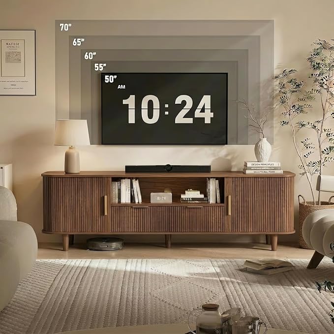 Mid Century TV Stand for TVs Up to 70 Inch, Fluted Media Console with Tambour Sliding Door, Solid Wood Entertainment Center with Storage for Living Room Bedroom Office(Walnut)