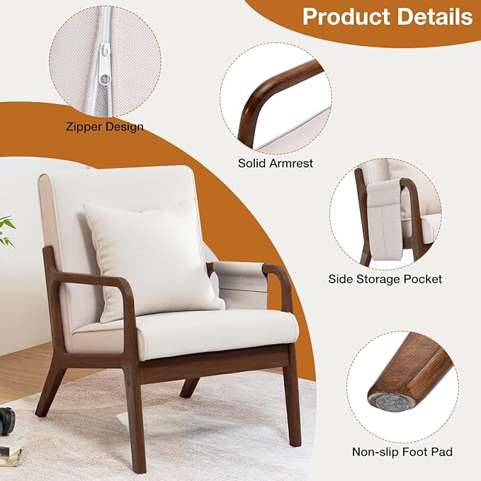 HOMMPA Mid-Century Modern Accent Chair, Comfy Reading Armchair with Solid Wood Frame & Lumbar Pillow, Upholstered Linen Lounge Chair with Side Pocket for Living Room, Bedroom,Balcony(Beige)
