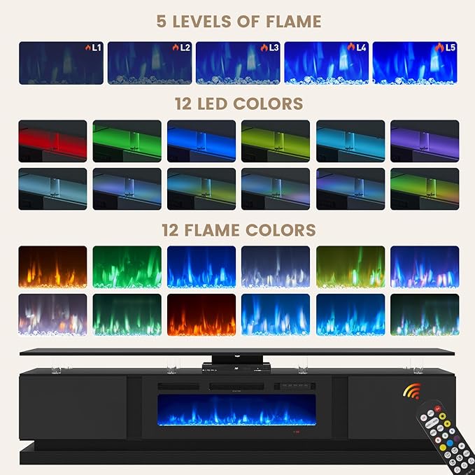 80 Inch Fireplace TV Stand, Modern Entertainment Center for TVs Up to 90", TV Console with Storage Cabinets, Media Console for Living Room, 80IN Black TV Stand and 36IN Black Fireplace
