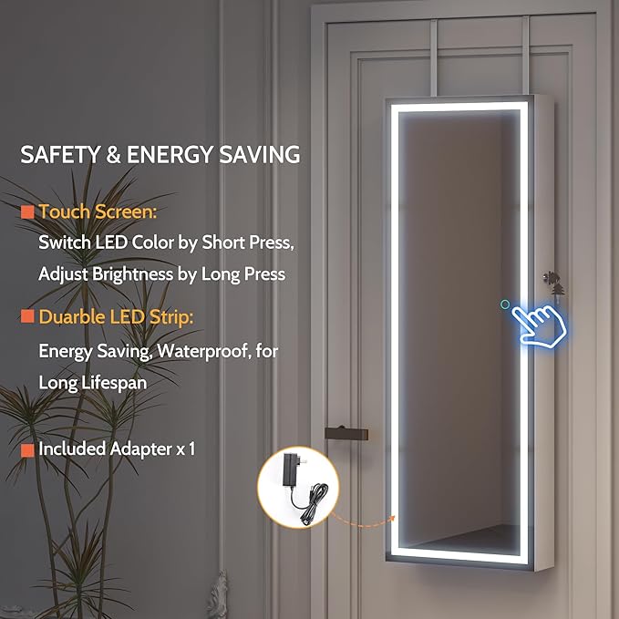 LVSOMT LED Mirror Jewelry Cabinet Door Hanging, Wall Mounted Jewelry Mirror Organizer Full Length, Lockable Jewelry Armoire, Large Capacity, for Small Space Bedroom, Gift for Women, White