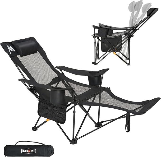 Overmont Reclining Camping Chair with Footrest - 4-Position Adjustable Backrest Lightweight Folding Lounge Chair for Adults with Pillow Carry Bag - Support 300LBS Portable for Outdoor Beach Lawn Patio