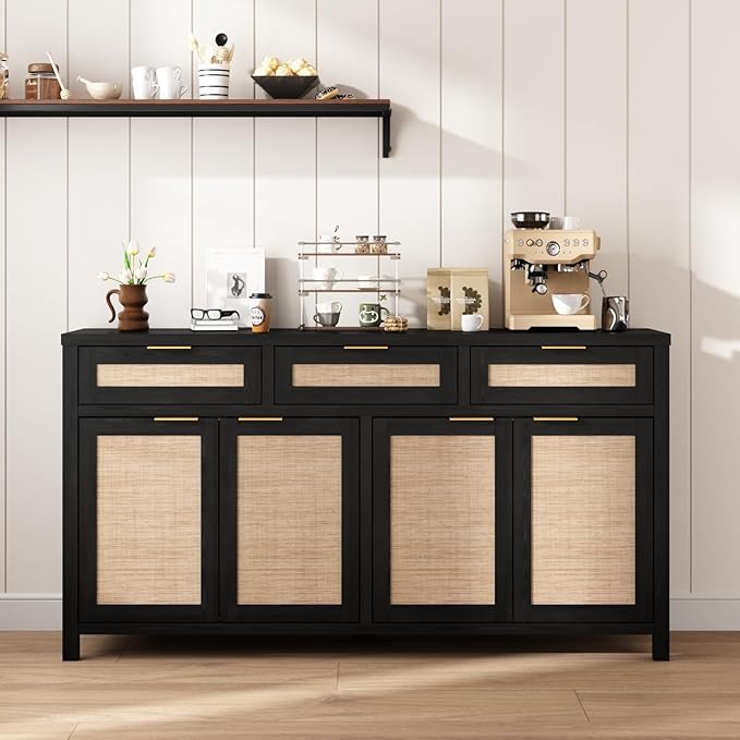 HOKYHOKY Rattan Sideboard Buffet Cabinet, Boho Storage Cabinet with Adjustable Shelves, Farmhouse Credenza Coffee Bar Cabinets with 4 Doors & 3 Drawers for Living Room, Hallway & Kitchen