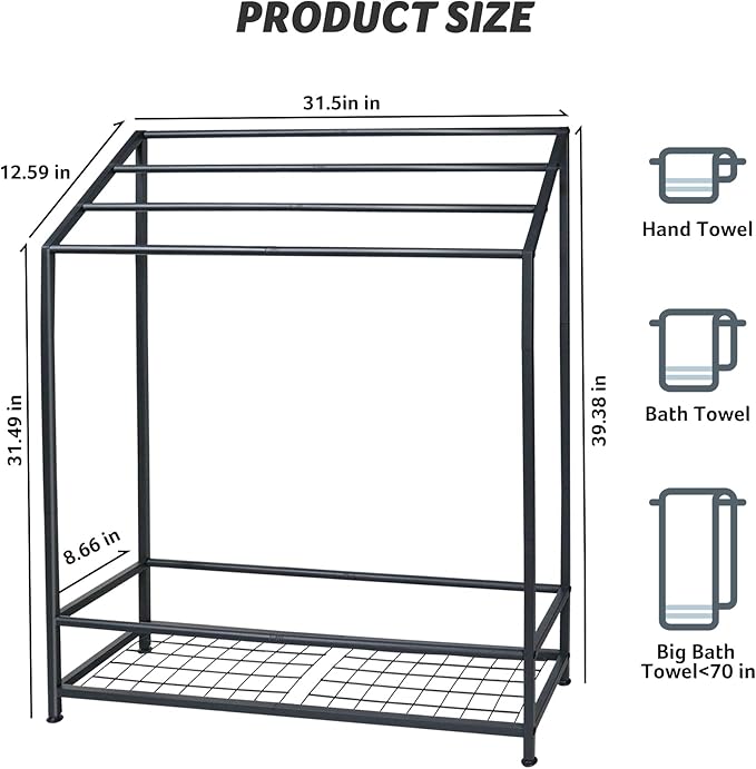 Hjarta Extra Wide 31.5 Inch Standing Towel Rack, Tall 40 Inch Free Standing Towel Rack with Storage Shelf, 4 Tier Towel Stand for Bathroom Outdoor Poolside