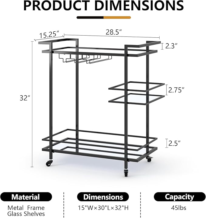 Black Bar Cart, 2-Tier Glass Shelves Rolling Serving Cart with Wheels, Modern Mobile Home Bar Trolley for Kitchen, Living Room, and Dining Room