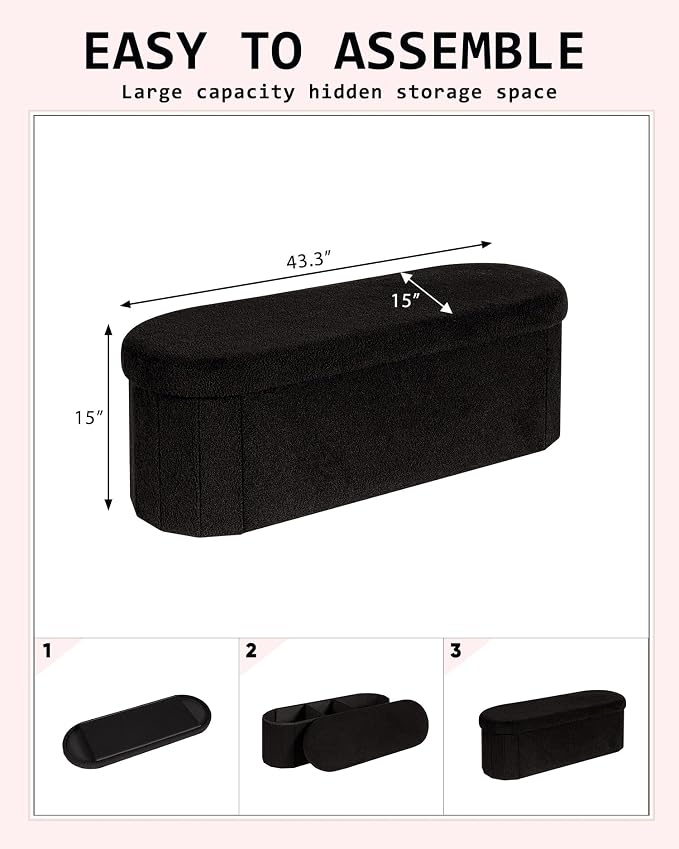 Storage Ottoman Bench, 43.3" Oval Upholstered Ottoman Foot Rest Foldable Boucle End of Bed Storage Bench for Living Room, Entryway, Black