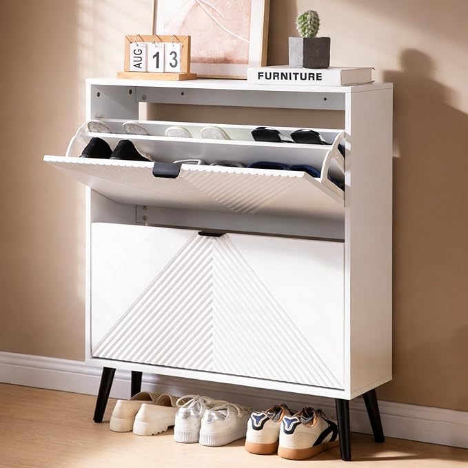 oakvivo Shoe Cabinet Storage, Farmhouse Freestanding Organizer with 2 Flip Drawers and 4 Wooden feet, Narrow Shoe Rack Cabinet for Entryway, Foyer, Hallway, White