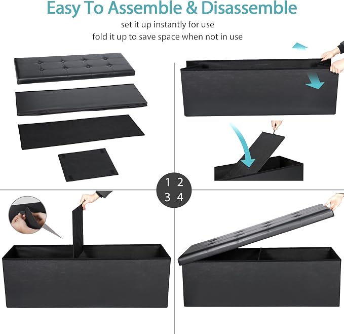 ZenStyle 43Inches Folding Storage Ottoman Bench, Faux Leather Footrest with Foam Padded Seat, Storage Chest Long Shoes Bench for Living Room, Entryway, Bedroom, Holds up to 660 lbs (Black)